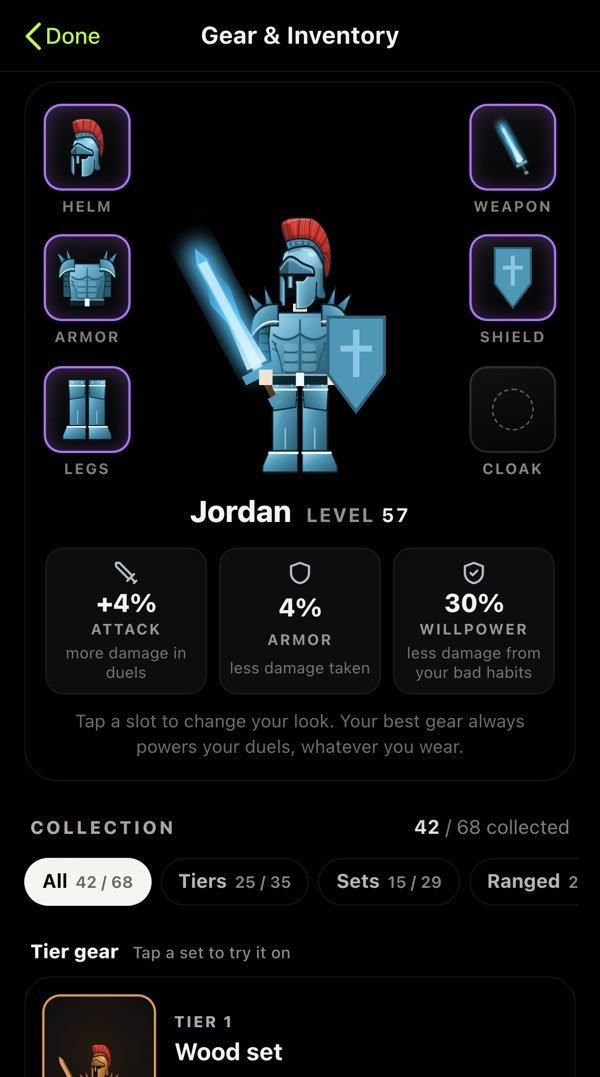 Gear and Inventory screen: a knight in blue armor with a glowing sword, six gear slots, and stats of +4% attack, 4% armor and 30% willpower