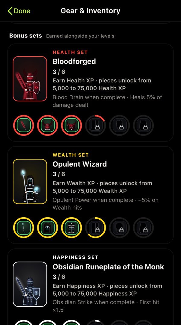 Bonus sets screen: Bloodforged Plate, Robes of the Opulent Wizard and Runeplate of the Monk, each with 3 of 6 pieces unlocked