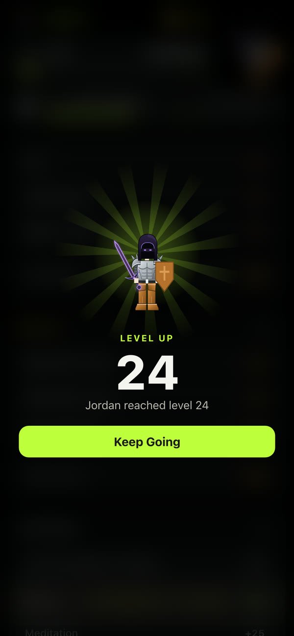 The IRLXP level-up screen: Jordan reached level 24, with a Keep Going button