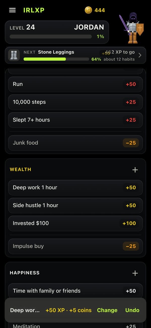 Tapping Deep work 1 hour in IRLXP: a toast says +50 XP and +5 coins, above habits like Side hustle 1 hour +50, Invested $100 +100 and Impulse buy -25